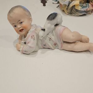 Vintage Porcelain Baby Figurine with Rabbit.top Rabbit Ears Missing